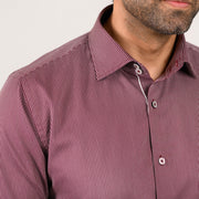 Maroon micro-stripe shirt close-up of collar and placket detail