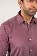 Maroon micro-stripe shirt close-up of collar and placket detail