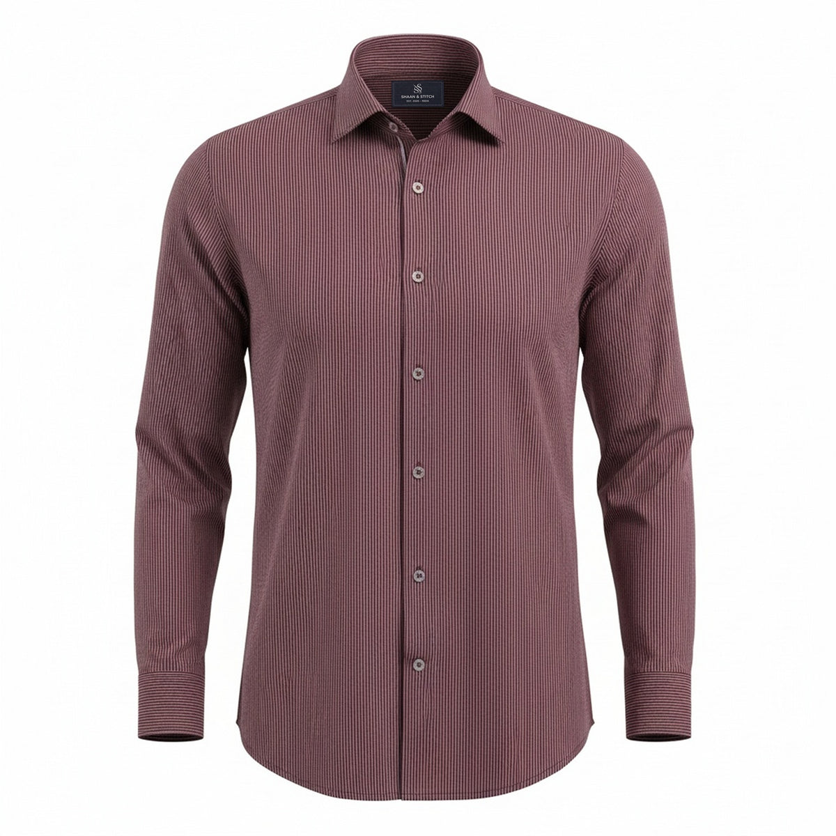 Maroon shirt for men front view with white micro-stripe design