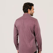 Maroon and white micro-stripe shirt worn by model showing back fit