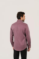 Maroon and white micro-stripe shirt worn by model showing back fit