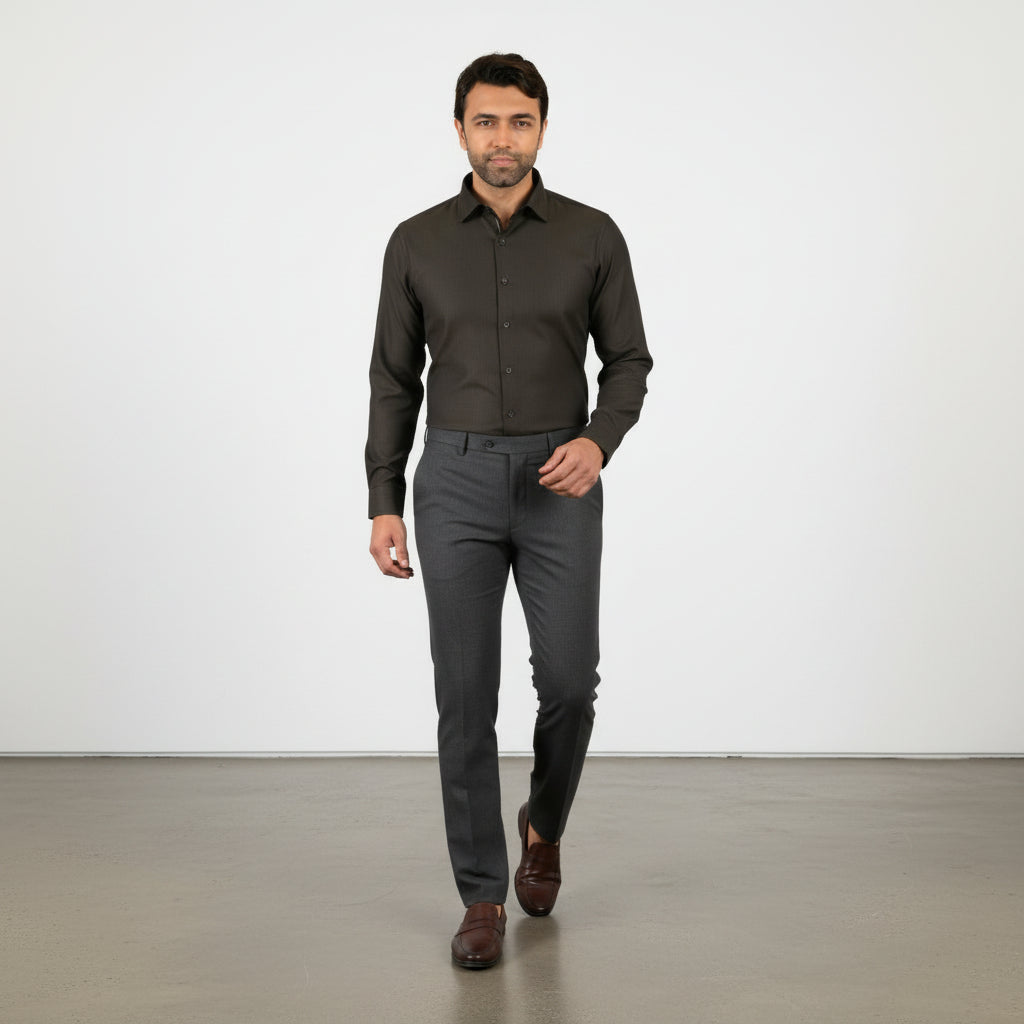 The Mocha Regent: Deep Brown Herringbone Shirt