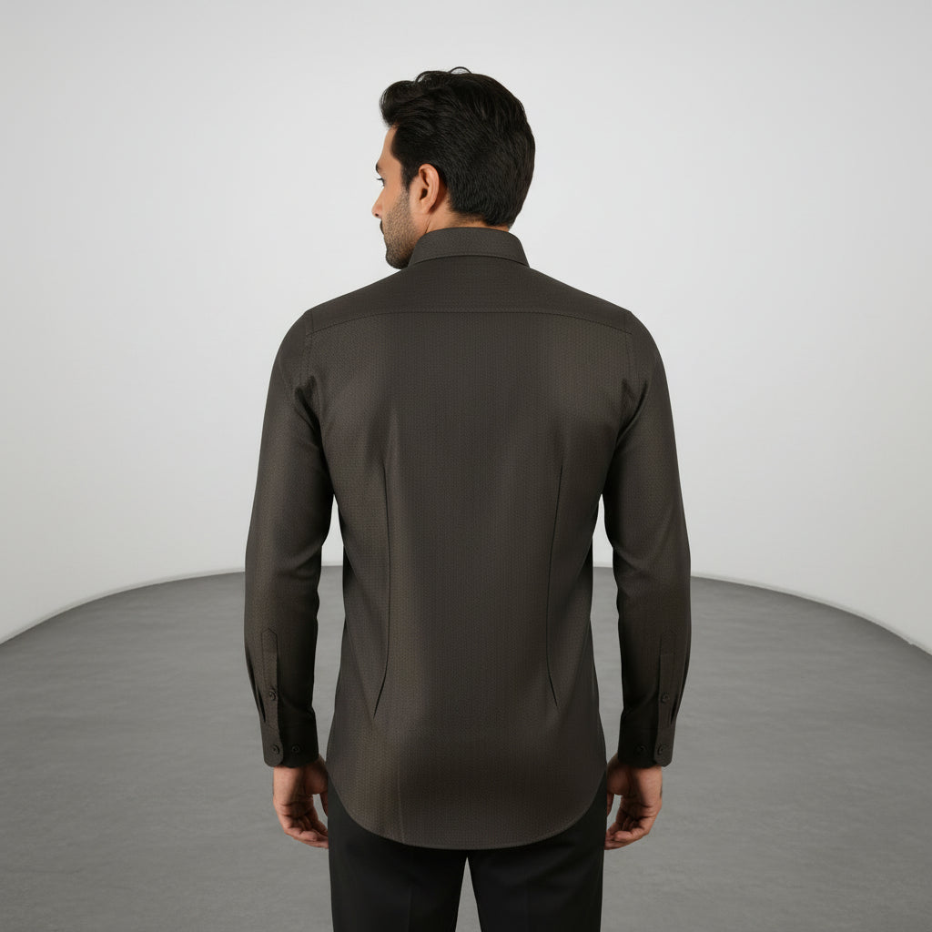The Mocha Regent: Deep Brown Herringbone Shirt