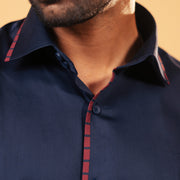 Inside collar tape detail of navy blue Giza satin shirt