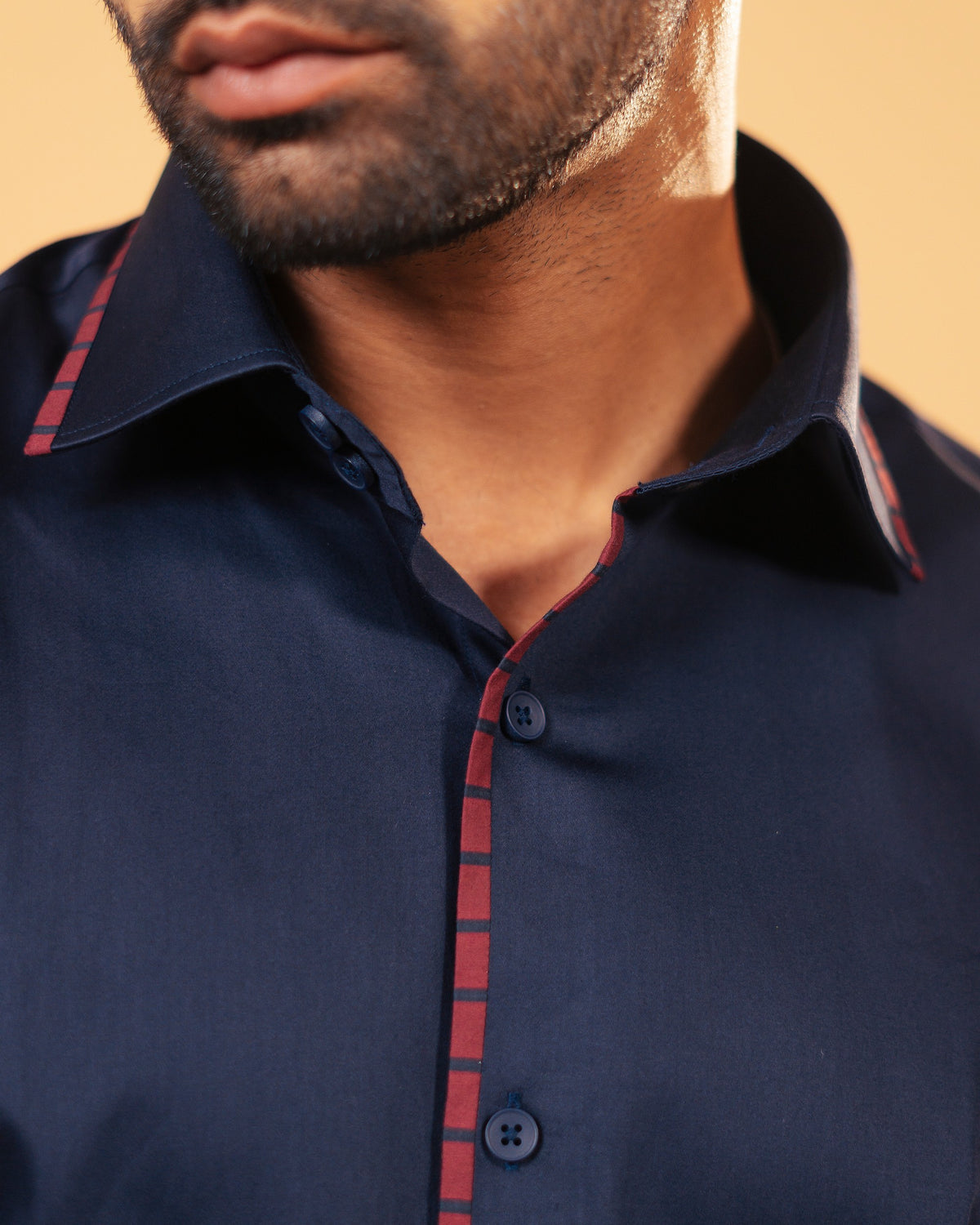 Inside collar tape detail of navy blue Giza satin shirt