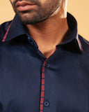 Inside collar tape detail of navy blue Giza satin shirt
