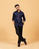 Model wearing navy blue Giza satin shirt full front view