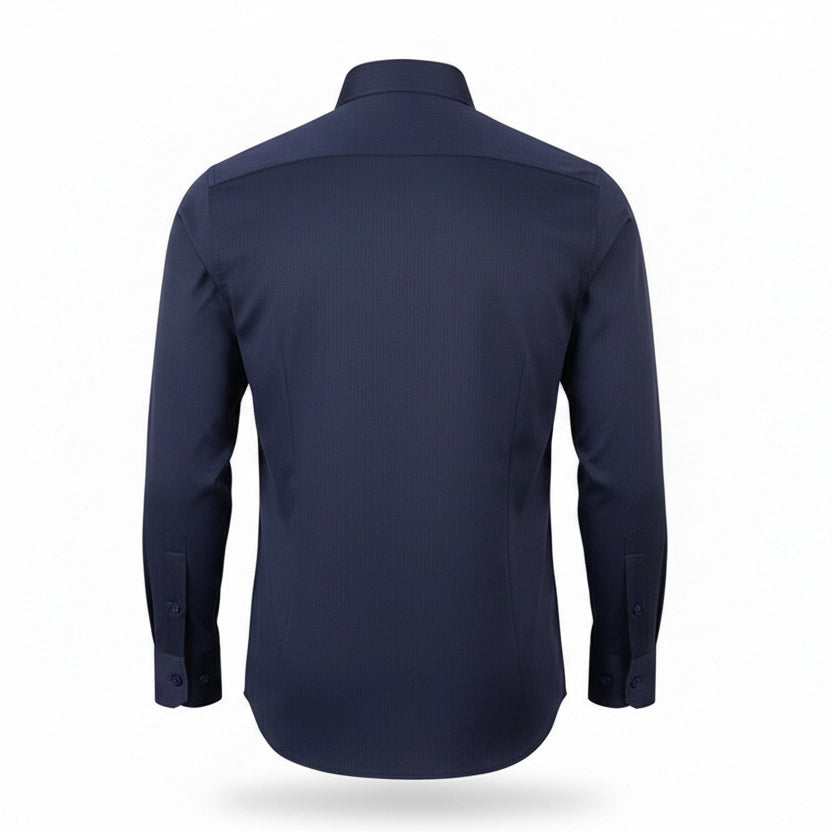 Navy blue pin stripe shirt for men back view showing polished fit