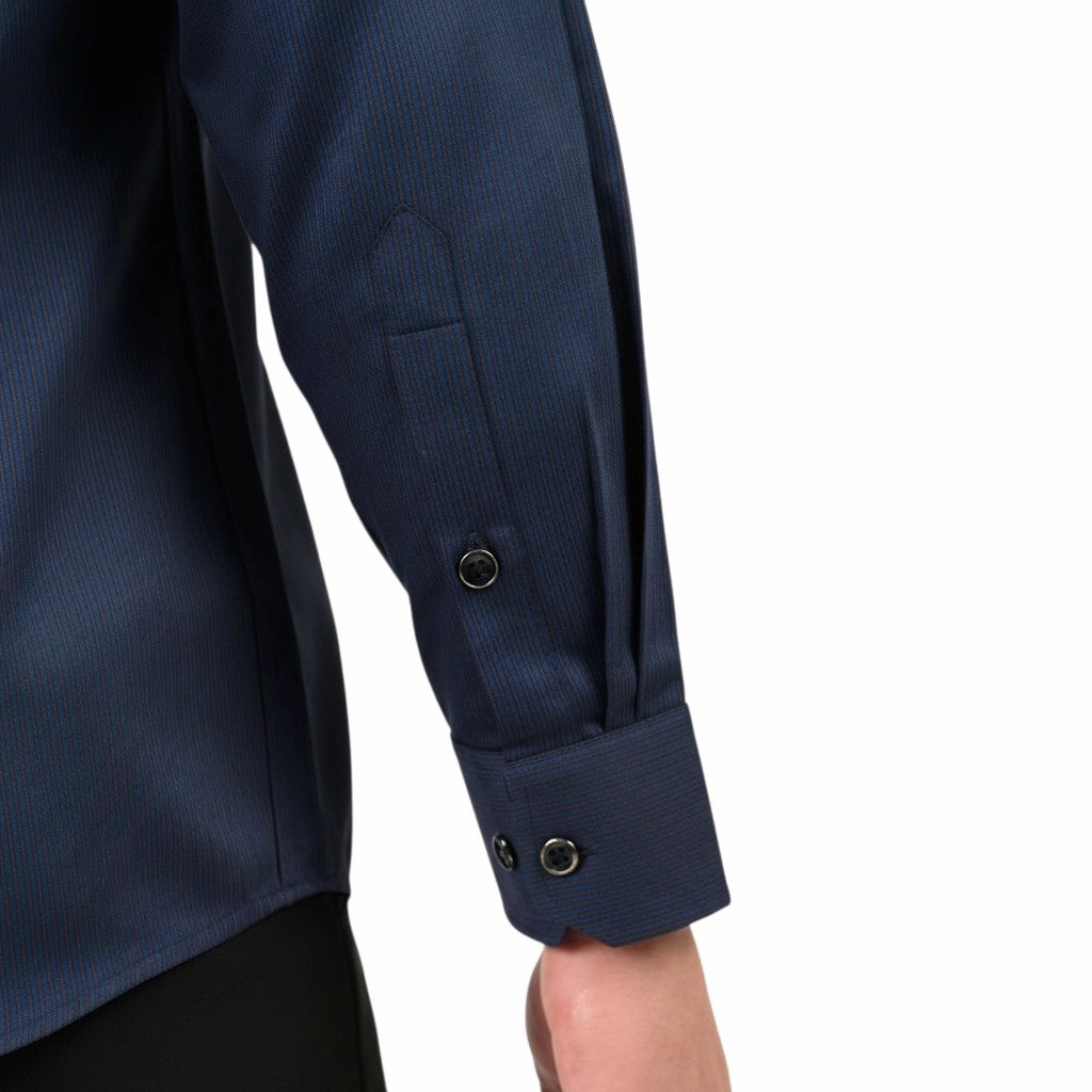 Navy blue satin shirt cuff detail with refined pin stripe texture