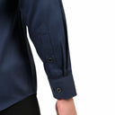 Navy blue satin shirt cuff detail with refined pin stripe texture
