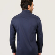 Navy blue pin stripe shirt for men worn by model showing full back view and tailored fit