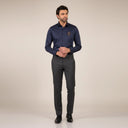 Navy blue pin stripe shirt for men worn by model showing full front view in smart casual style