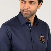 Navy blue pin stripe shirt close-up of placket and double button collar in premium satin fabric