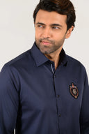 Navy blue pin stripe shirt close-up of placket and double button collar in premium satin fabric