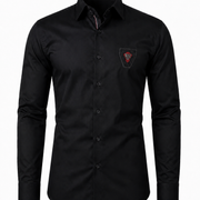 Black twill embroidered patch shirt front view for men
