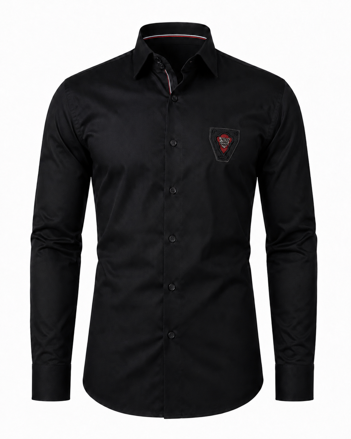 Black twill embroidered patch shirt front view for men