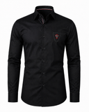 Black twill embroidered patch shirt front view for men