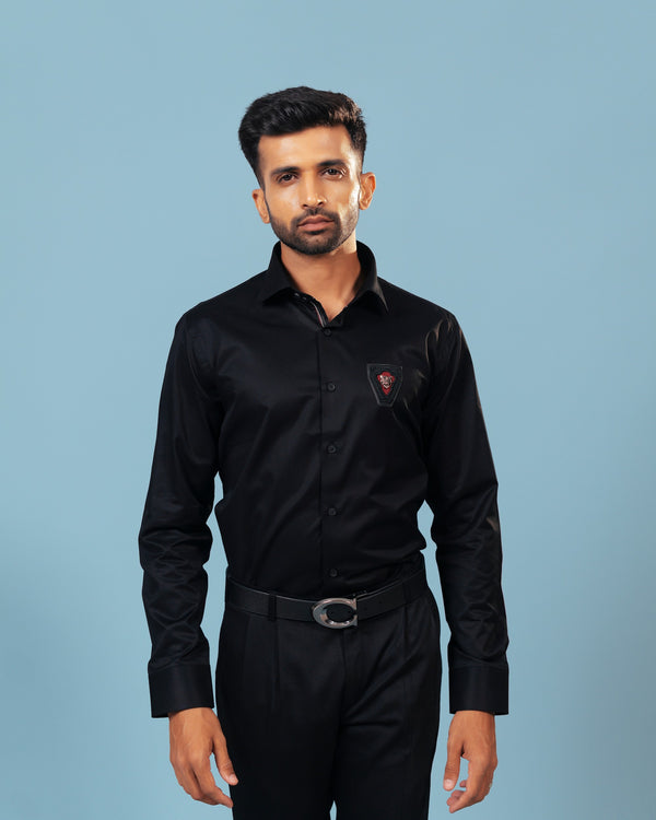 The Obsidian Valor: Black Twill Embroidered Patch Shirt