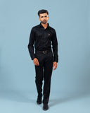 Model wearing black twill embroidered patch shirt full front view