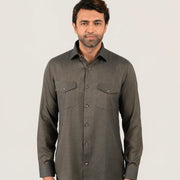 Olive green shirt for men worn by model showing full front view