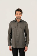 Olive green shirt for men worn by model showing full front view