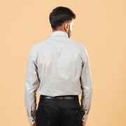 Model back view wearing olive and white Oxford houndstooth shirt