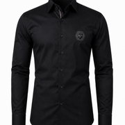 Black twill leather wolf patch shirt front view for men