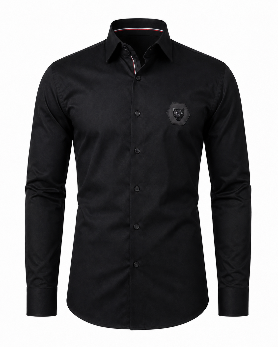 Black twill leather wolf patch shirt front view for men