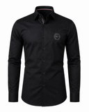 Black twill leather wolf patch shirt front view for men