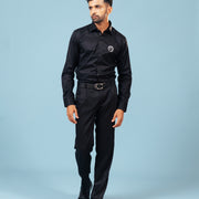 Model wearing black twill leather wolf patch shirt full front view