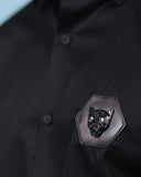 Leather wolf signature patch detail of black twill shirt