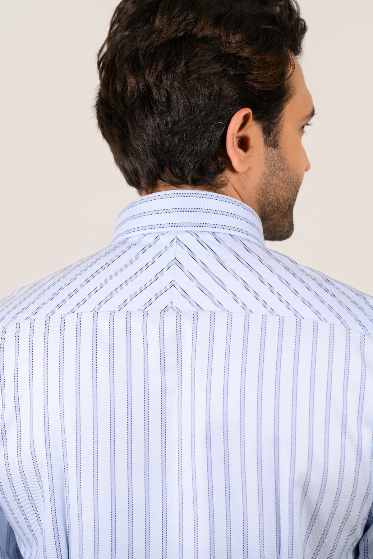 Sky blue striped shirt close-up of back