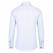 Sky blue striped shirt for men back view showing clean tailored fit