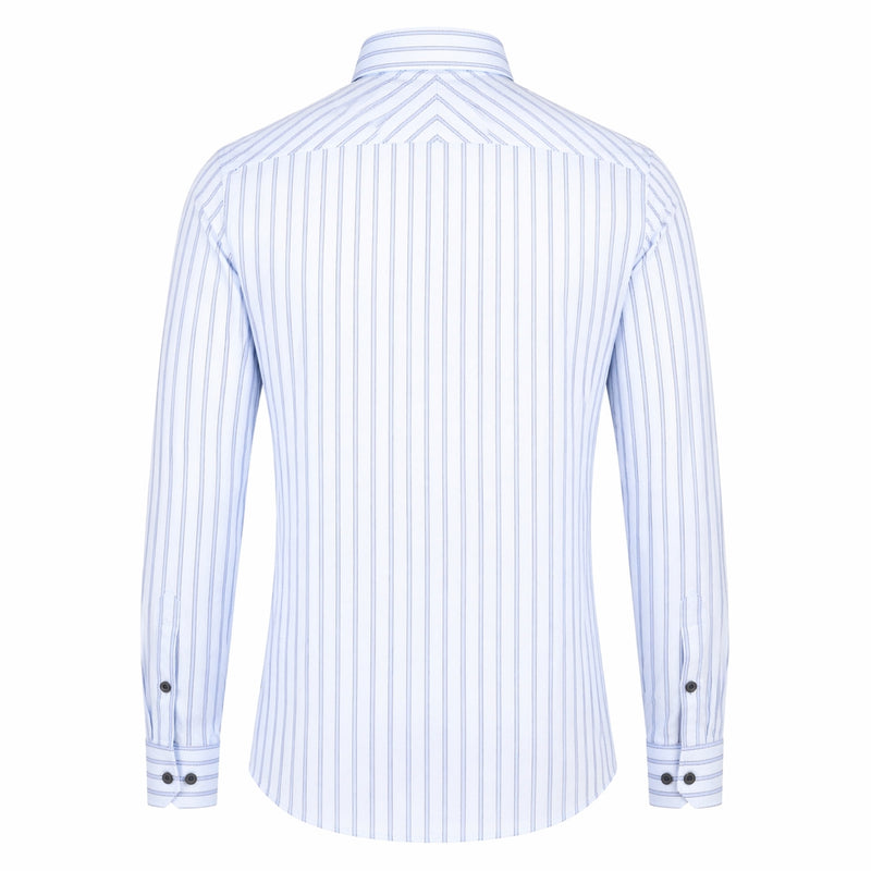 Sky blue striped shirt for men back view showing clean tailored fit
