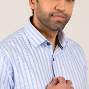 Sky blue striped shirt close-up of double button collar and collar tape detail
