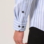 Sky blue twill shirt cuff detail with refined striped finish
