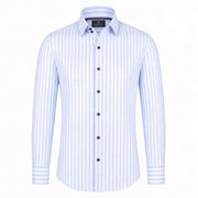 Sky blue shirt for men front view with striped design in premium twill fabric
