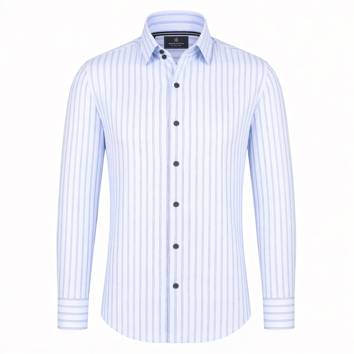 Sky blue shirt for men front view with striped design in premium twill fabric