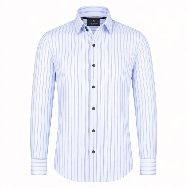 Sky blue shirt for men front view with striped design in premium twill fabric