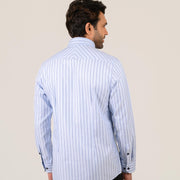 Sky blue striped shirt for men worn by model showing back fit