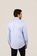 Sky blue striped shirt for men worn by model showing back fit