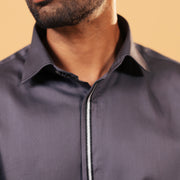 Steel grey Giza satin shirt front concealed placket view for men