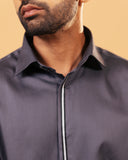 Steel grey Giza satin shirt front concealed placket view for men