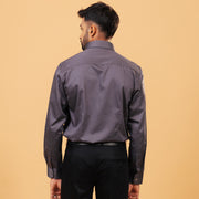 Model back view wearing steel grey Giza satin shirt