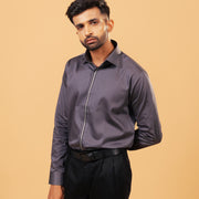 Model wearing steel grey Giza satin shirt front view