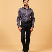 Model wearing steel grey Giza satin shirt full front view