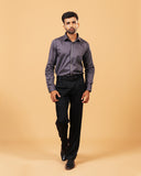 Model wearing steel grey Giza satin shirt full front view