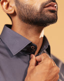 Half side collar view of steel grey Giza satin shirt on model