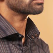 Inside collar tape detail of multicoloured satin stripes shirt