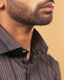 Inside collar tape detail of multicoloured satin stripes shirt